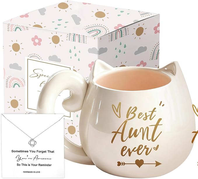 Best Aunt Christmas Gifts, Auntie Appreciation Gift Ideas with Coffee Mug Necklace, Aunt Mothers Day and Birthday Presents from Niece Nephew