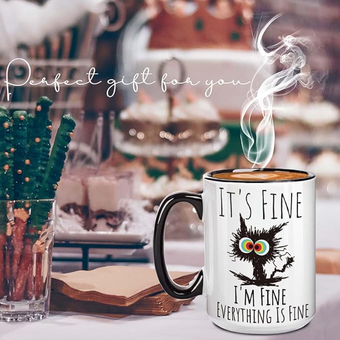FALJIOK I'm Fine Everything is Fine Coffee Mug 15oz Funny Sarcastic Cat Mug Gifts for Cats Lover Novelty Mug Gifts for Cat Lover Women Mothers Day, Funny Cats Mug Gift for Coworker Manager Friend