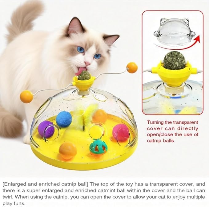 Interactive Cat Toys for Indoor Cats, Kitten Toys with Spinning Dome, Catnip Ball, Feathers & Rolling Balls - Spinning Teaser Toy for Outdoor Cats (Pink)