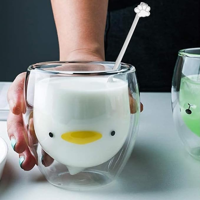 Binoster Duck Mug Cute Mugs Glass Double Wall Insulated Glass Espresso Cup, Coffee Cup, Tea Cup, Milk Cup,Kawaii Gift for Office and Personal Birthday Christmas (Duck)