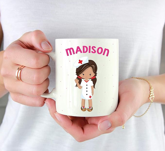 Andaz Press Personalized 11oz. Kids Milk Hot Chocolate Mug, Brown Haired Girl Nurse with Two Plaits, 1-Pack, Custom Child’s Birthday Christmas Coffee Cup