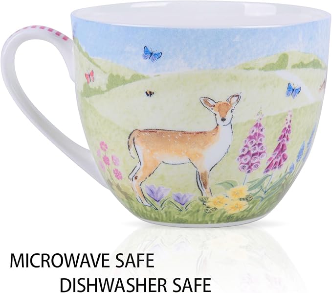 Spring Animals Mug - 20oz Bone China Coffee Tea Hug Mug with Deer, Rabbit, Butterfly & Wildflowers, Thoughtful Gifts for Mom Women Mothers Day, Designed in England by Harvest Green Studio