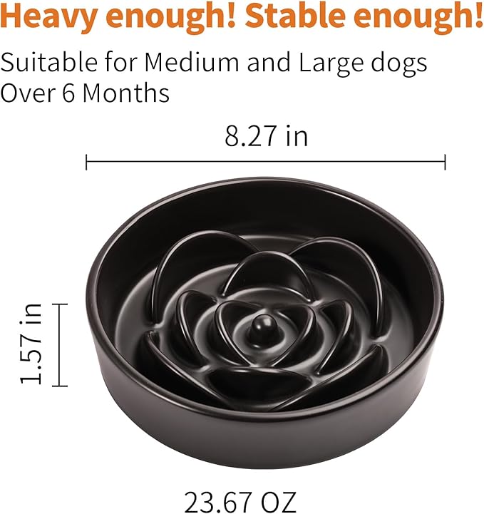 Black Ceramic Dog Bowl Slow Feeder for Medium and Large Breed,1.5 Cup 8.26 in Slow Feeding Bowl,Puzzle Dog Food Bowl for Fast Eater,Maze Dish for Fast Eater
