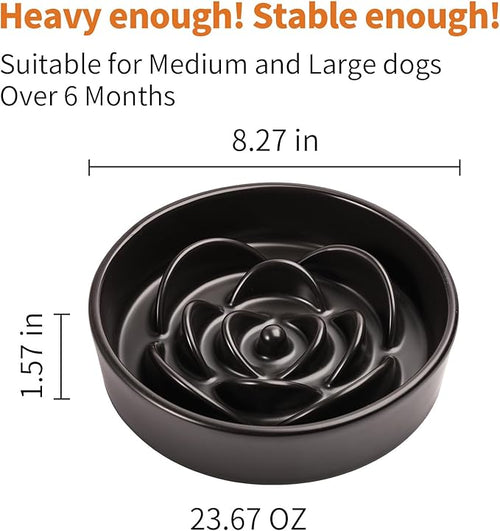 Black Ceramic Dog Bowl Slow Feeder for Medium and Large Breed,1.5 Cup 8.26 in Slow Feeding Bowl,Puzzle Dog Food Bowl for Fast Eater,Maze Dish for Fast Eater
