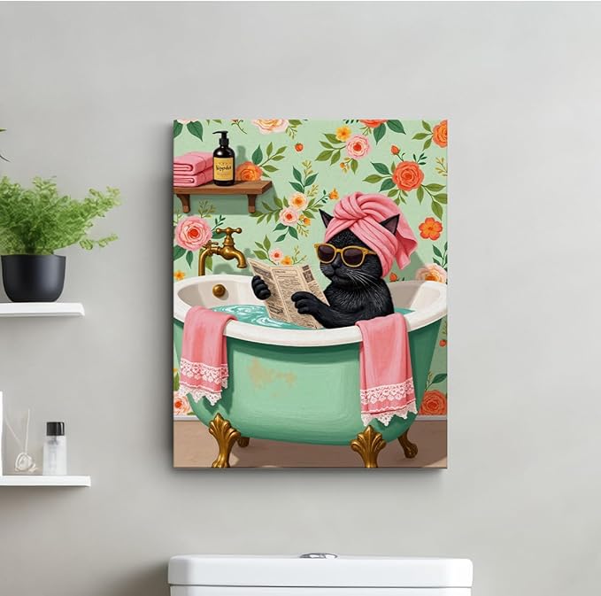 Funny Cat Bathroom Canvas Wall Art, 11.4x15in Cat Framed Art Paintings Wall Decor Unique Gifts And Animal Lover Prints Picture for Living Room Bathroom Kitchen Farmhouse Decor
