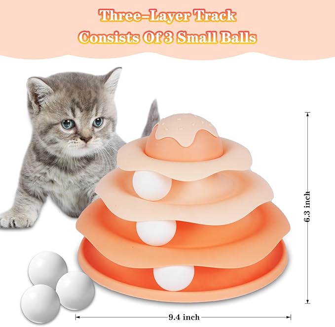 Cat Ball Track Toy,Interactive Cat Toy, Engaging Fun for Indoor Cats, Multi-Layer Design, Ice Cream Structure,Detachable and Easy to Clean (Yellow)