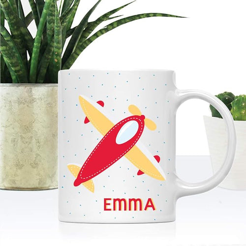 Andaz Press Personalized 11oz. Kids Hot Chocolate Mug, Red Vintage Airplane, 1-Pack, Custom Aeroplane Plane Child’s Birthday Christmas Coffee Cup