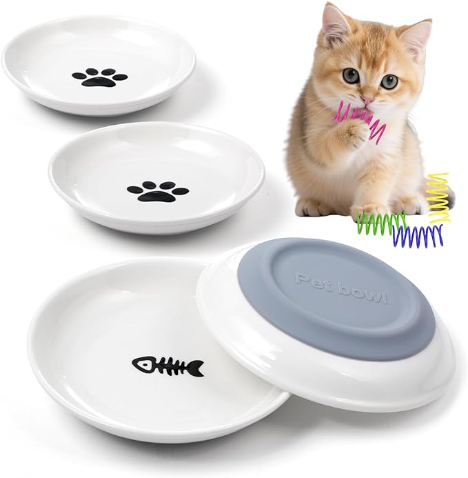 Ceramic Cat Food Bowls for Indoor Cats and Kitten, 4 Cute Cat Feeding Bowls Shallow Whisker Relief Dishes for Cats, 5.9" Wide Pet Plates for Wet & Dry Food and Water, Non-Slip Base, with 4 Spring Toys