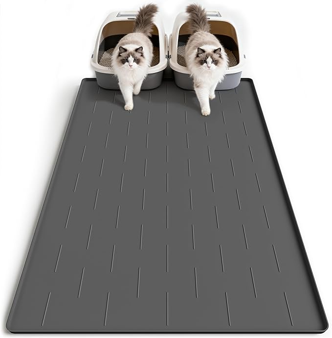 Pieviev Silicone Cat Litter Trapping Mat, 40''x28'' Extra Large Cat Litter Mat, Easy to Clean & Soft on Kitty Paws, Waterproof Kitty Litter Pads for Indoor Cats, Dark Gray