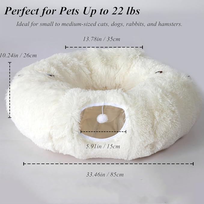 3 in-1 Cat Donut Bed - Luxurious Cat Tunnel Toys, Plush Cat Tunnel with Hanging Toys, Washable Pet Bed for Cats Kittens Rabbits, Xmas Decoration & Cat Tree Barrier