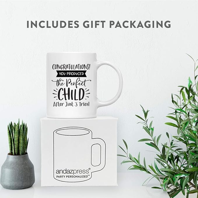 Andaz Press Mother's Day 11oz. Ceramic Coffee Tea Mug Gift for Mom, Congratulations! You Produced the Perfect Child After Just 3 Tries!, 1-Pack, Birthday Christmas Gift Ideas
