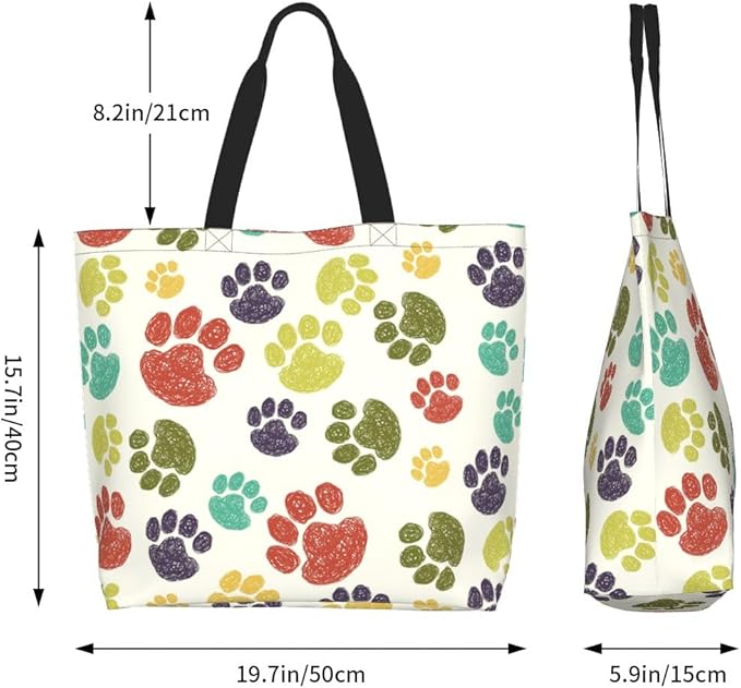 Colorful Paw Print Tote Bag for Women, Cute Dog Cat Paws Print Purse Gifts for Cat Dog Lovers, Shoulder Reusable Shopping Handbags Casual Travel Polyester Summer Beach Grocery Bag Holiday Gifts