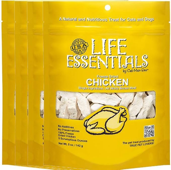 Life Essentials by Cat-Man-Doo Freeze Dried Chicken Dog & Cat Treats, Healthy Single Ingredient Training Treats for Dogs, Puppies & Cats, Made with Real Chicken – 5 oz (4 Pack)