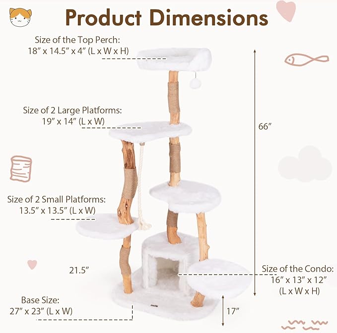 Tangkula Solid Wood Cat Tree, Modern Wooden Cat Tower with Jute Scratching Posts, Perch, Condo, Sisal Rope, Dangling Ball, Soft Long Plush, 66 Inch Tall Cat Tree Tower for Indoor Cats Large Adult