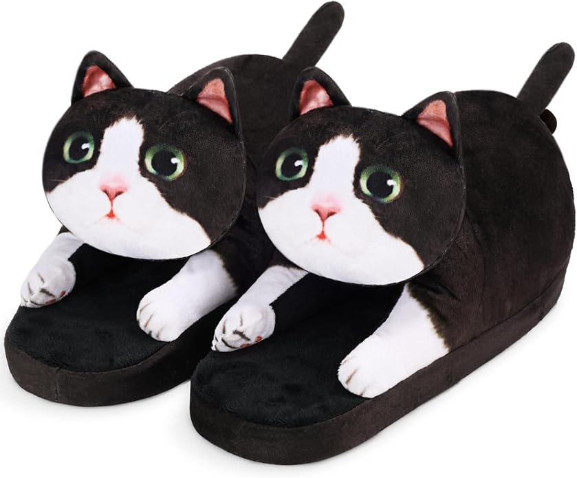 Funny Cat Slippers for Women,Fuzzy Animal Indoor House Shoes with Soft Memory Foam,Comfy Plush Warm Slip-on Slippers,Cat Gifts for Cat Lover