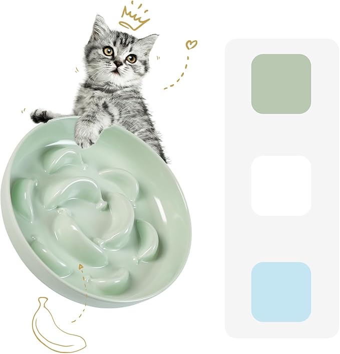 Melamine Cat Slow Feeder Bowl - Pastel Series Cat Plate for Dry and Wet Food - Cute Maze Feeder Dish for Healthy Eating - Dishwasher Safe - 6.3''W x 1.2''H - 7 OZ - Mint Green