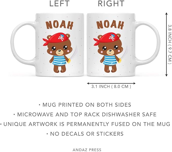 Andaz Press Personalized 11oz. Kids Milk Hot Chocolate Mug, Bear Pirate Red Scarf, 1-Pack, Custom Child’s Birthday Christmas Coffee Cup