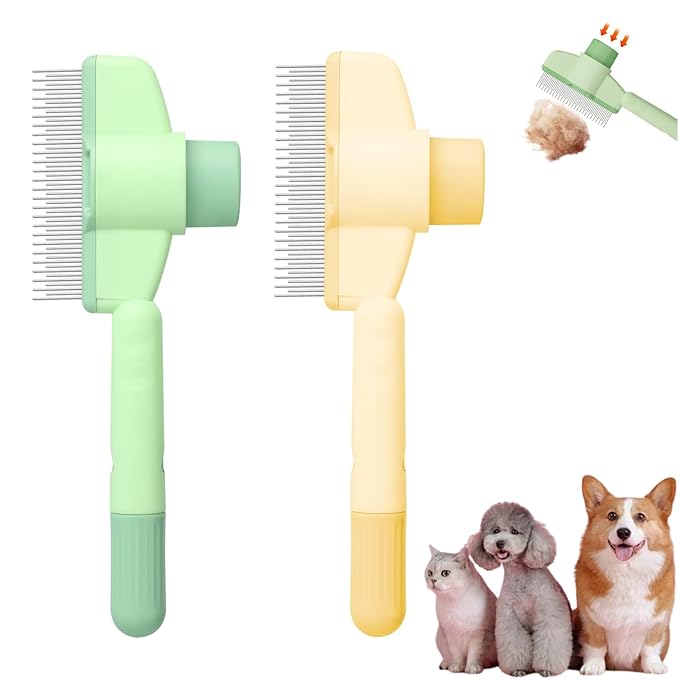 2Pcs Pet Comb Flea Comb for Cats Dogs,Self-Cleaning Cat Grooming Brush with Release Button and Stainless Steel Round Teeth,Detangling Long and Matted on Cats and Dogs(Yellow+Green)