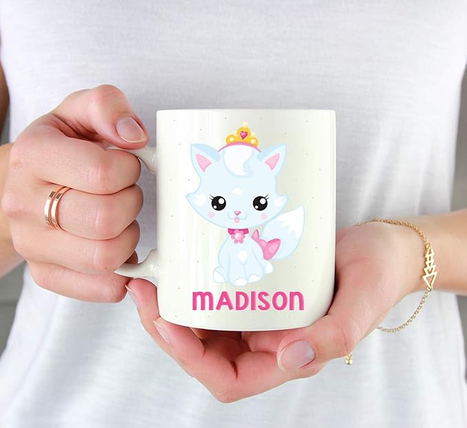 Andaz Press Personalized 11oz. Kids Milk Hot Chocolate Mug, Baby Blue Princess Cat, 1-Pack, Custom Child’s Birthday Christmas Coffee Cup