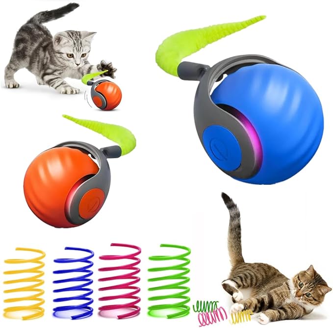 6pcs Interactive Cat Toy Automatic Moving Smart Toy Ball with Replacement Tail for Indoor Bored Cats/Dogs, Sensor Teasing Ball Self-Rolling Pet Chase, Speedy Cat Toys for Pets Exercise (Blue x 2)