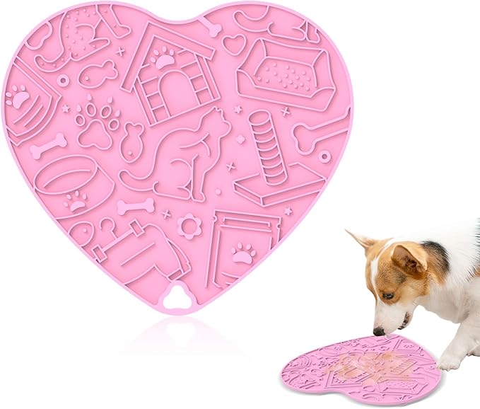 Silicone Slow Feeder Dog & Cat Bowl with Suction Cups – Non-Slip Fun Pattern for Dogs and Cats, Interactive Pet Enrichment Bowl, Treat Eating Feeder, Heart-Shaped Mat Compatible (Cherry Blossom Pink)