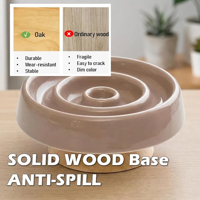 Ceramic Cat Slow Feeder, Raised Slow Feeder Cat Bowl, Anti Vomiting and Whisker Friendly Kitty Dish, Elevated Puppy Kitten Food Bowl for Dry and Wet Food (Brown)