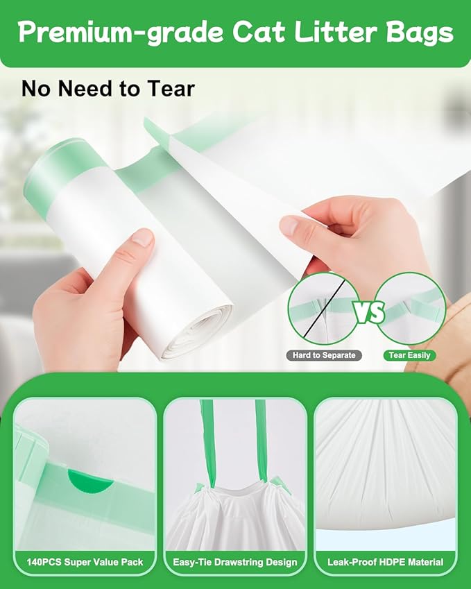 140 Count Cat Litter Box Liners Compatible with Litter Box Robot 4/5/3, Thick 10-12 Gal Waste Drawer Liners Bags with Strong Ties, Pre-separated for Easy Use,25.2"x15.7"