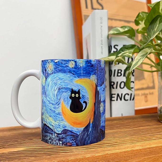 Famous Art Paintings Funny Cat Coffee Mug for Artist Art Lover Teacher Cat Lovers, Famous Picture Classic Vincent Aesthetic Canvas Mug Birthday Gift for Women Man (Starry Night)
