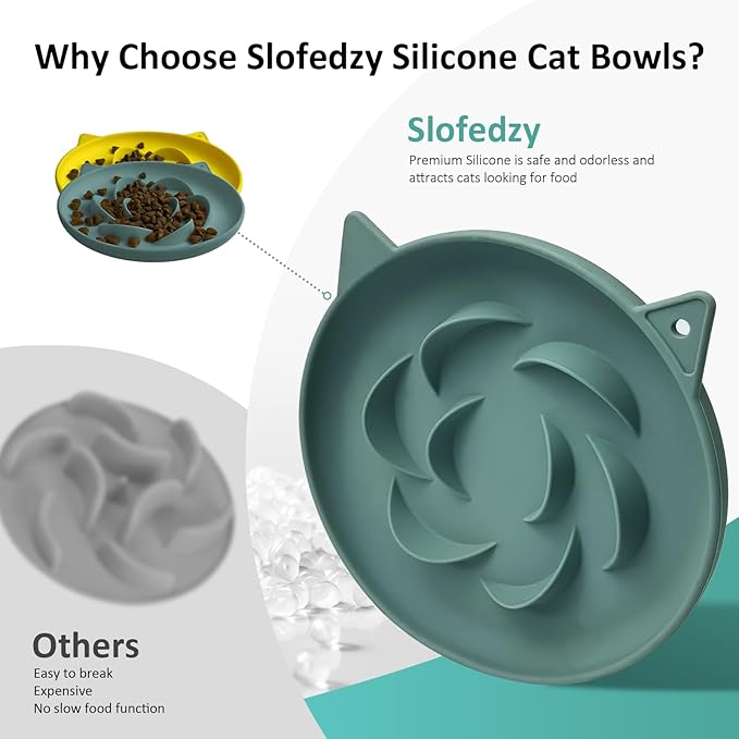Slow Feeder Cat Bowl 2 Packs, Durable Anti-Gulping Cat Food Bowl for Healthy Digestion, Easy to Clean for Wet/Dry Food (Green+Green)