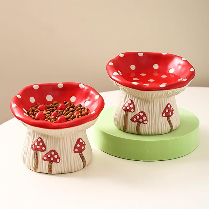 Ceramic Cat Slow Feeder, Cute Mushroom Shape Elevated Food Bowl, Shallow Raised Cat Dish, Anti Vomiting Whisker Fatigue Bowls