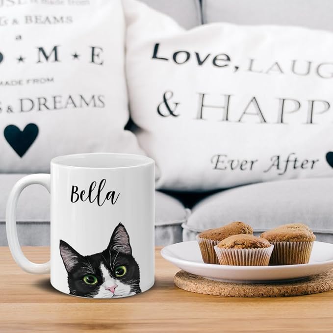 MUGBREW Personalized Coffee Mug with Your Name or Text, Customized Gifts For Christmas Birthday Anniversary, Ceramic 11 OZ Coffee Mug Tea Cup - Black White Tuxedo Cat