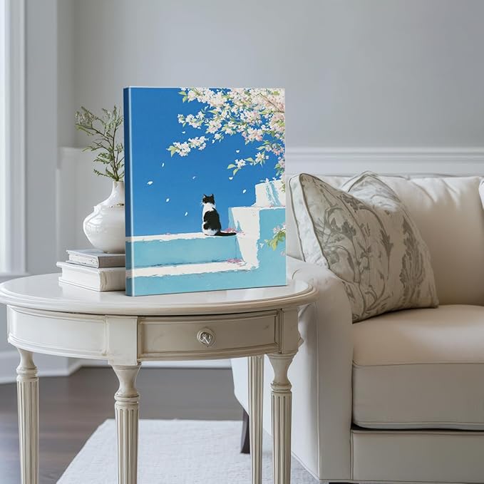 Cute Cat Floral Blue Wall Art Decor Cherry Blossom Kitten Print Picture Cat Lover Gifts Wall Decor for Home Living Room Bedroom 8x10 Inch Canvas Framed