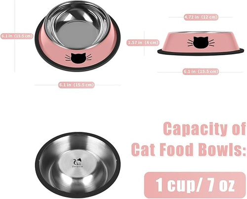 2 Pcs Non-Slip Stainless Steel Small Cat Food Bowls - Unbreakable, Thicken 7 Oz Cat Dishes - Indoor, Removable Rubber Base, Easily Clean, Lovely Color