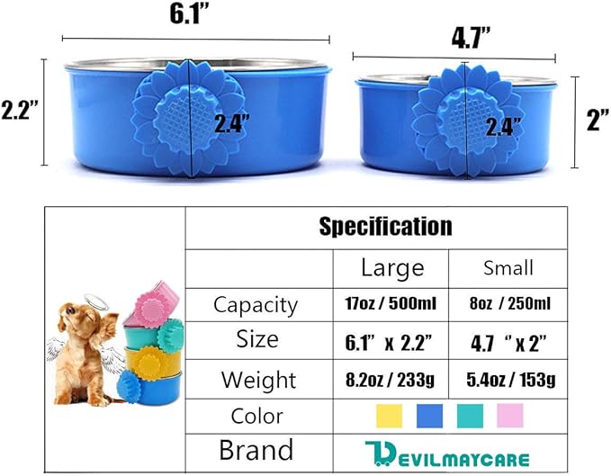 DEVILMAYCARE Pet Feeder Dog Bowl Stainless Steel Food Hanging Bowl Crates Cages Dog Parrot Bird Pet Drink Water Bowl Dish Accessory (S: 4.5''x2'', Blue)