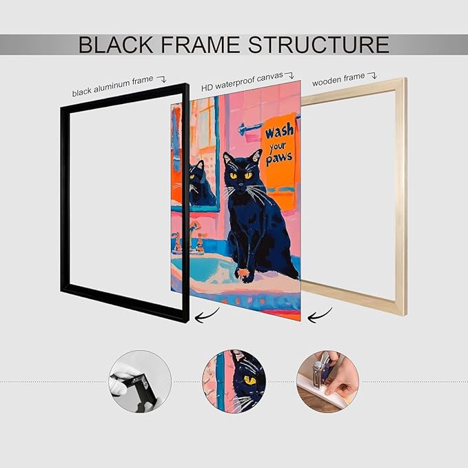 Black Cat Wash Your Paws Fun Wall Art Funky Colorful Bathroom Animal Poster Playful Kitsch Dopamine Aesthetic Canvas Pictures 08x10 inch Black Framed for Bathroom Wall Decor