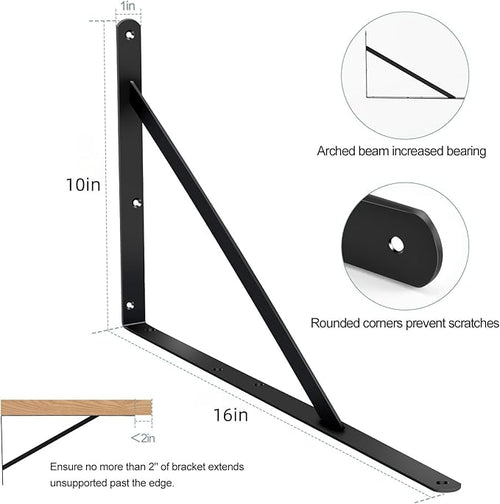 6 Pack L16 x H 10" Black Heavy Duty Shelf Brackets with Screws Metal Shelf Brackets Shelf Support Angle Brackets for Shelves L Brackets Heavy Duty Floating Shelf
