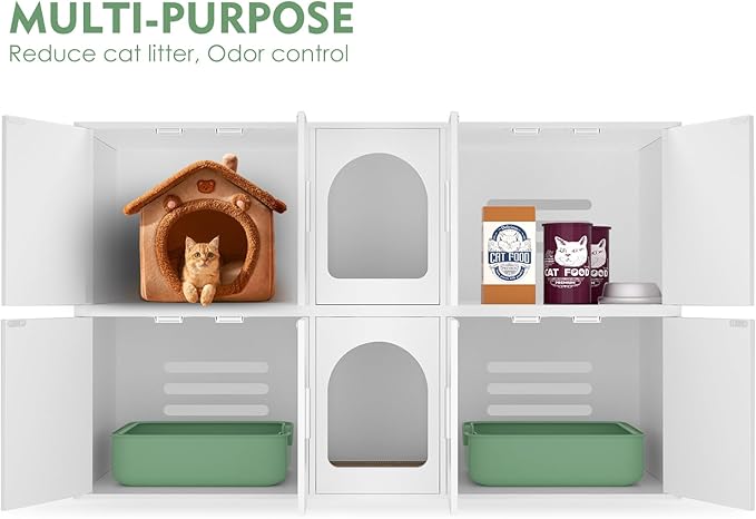 Double Litter Box Enclosure with Cat Scratch Mat & Motion Sensor Light, Wooden Litter Box TV Stand for 2 Litter Boxes & 2 Cats (White)