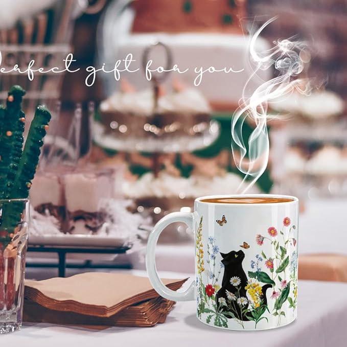 FALJIOK Cute Black Cat and Flowers 11oz Porcelain Coffee Mug, Gift for Cat Lover, Mom, Friend, Bestie