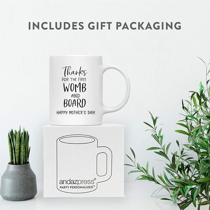 Andaz Press Mother's Day 11oz. Ceramic Coffee Tea Mug Gift for Mom, Thanks For The Free Womb and Board, Happy Mothers' Day!, Pregnant Woman Graphic, 1-Pack, Birthday Christmas Gift Ideas
