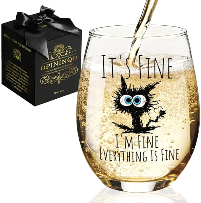 Funny Cat Lover It's Fine I'm Fine Everything Is Fines Wine Glass Gift for Men Women, Funny Cat Birthday Gifts for Friends, Coworkers, Daughter, Sister, Aunt, Wife, Best Friends, BFF