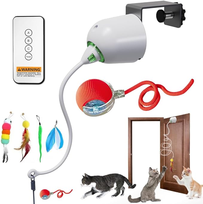 Cat Toys Hanging Door Electric and Moving Ball, Cats Toy Interactive for Indoor for Bored Feather Toys Kitten Rechargeable Door Hanging Automatic Retractable String（White）