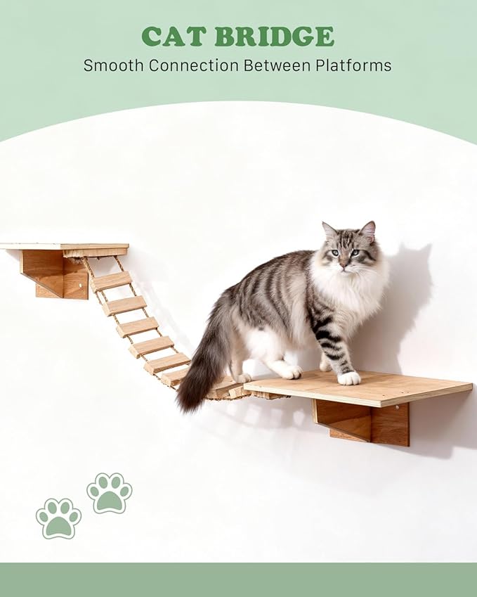 6 in 1 Cat Wall Shelves, Cat Wall Furniture with Cat Bridge, Wall Condo, Hammock, Steps, Climbing Post & Scratching Pad Space-Saving Indoor Cat Shelves for Play & Rest, up to 33 lbs