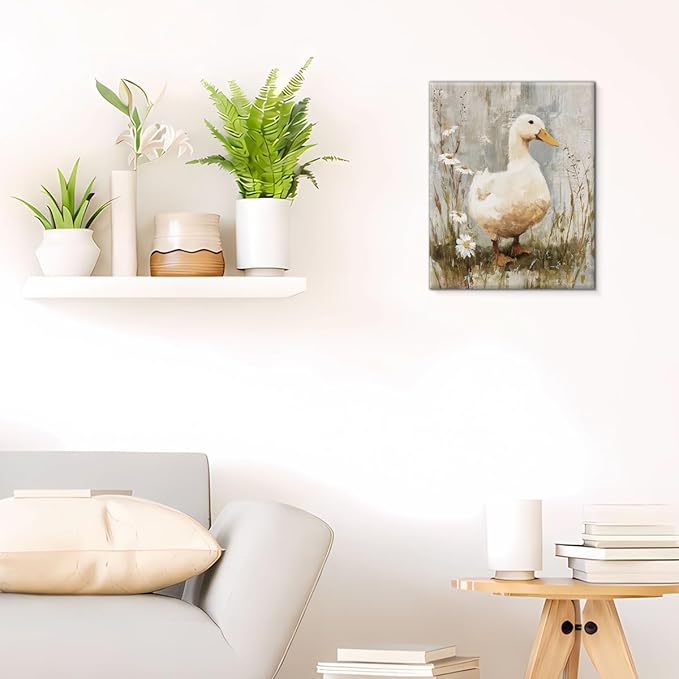 Rustic Floral Duck Canvas Wall Art Vintage Cute Duck Print Painting Cottagecore Wall Decor for Farmhouse Home Living Room 8x10 Inches Framed