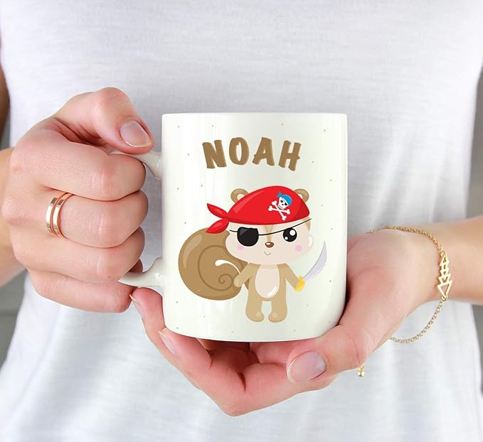 Andaz Press Personalized 11oz. Kids Milk Hot Chocolate Mug, Squirrel Pirate Red Scarf, 1-Pack, Custom Child’s Birthday Christmas Coffee Cup