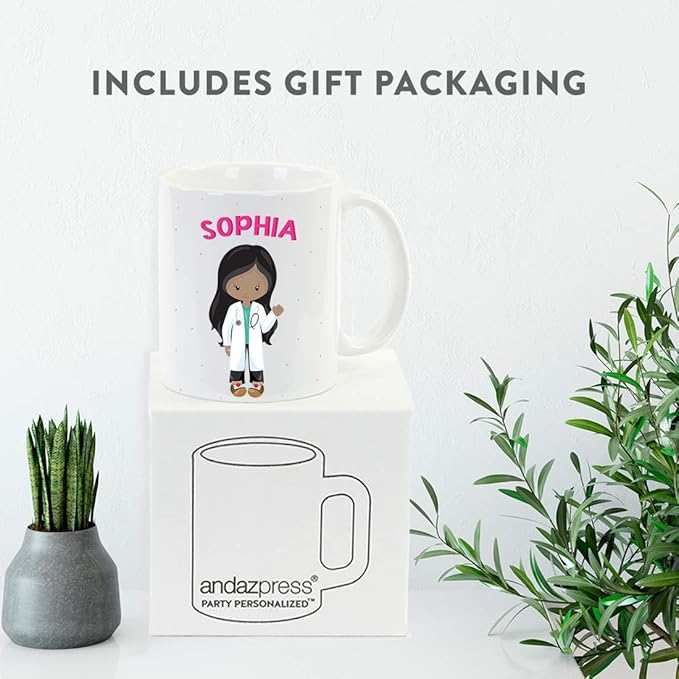 Andaz Press Personalized 11oz. Kids Milk Hot Chocolate Mug, Black Haired Girl Doctor, 1-Pack, Custom Child’s Birthday Christmas Coffee Cup