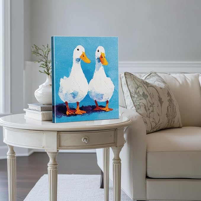 Vintage White Ducks Wall Art Decor Cute Rustic Duck Print Picture Cottagecore Wall Decor for Home Farmhouse Living Room 8x10 Inch Canvas Framed