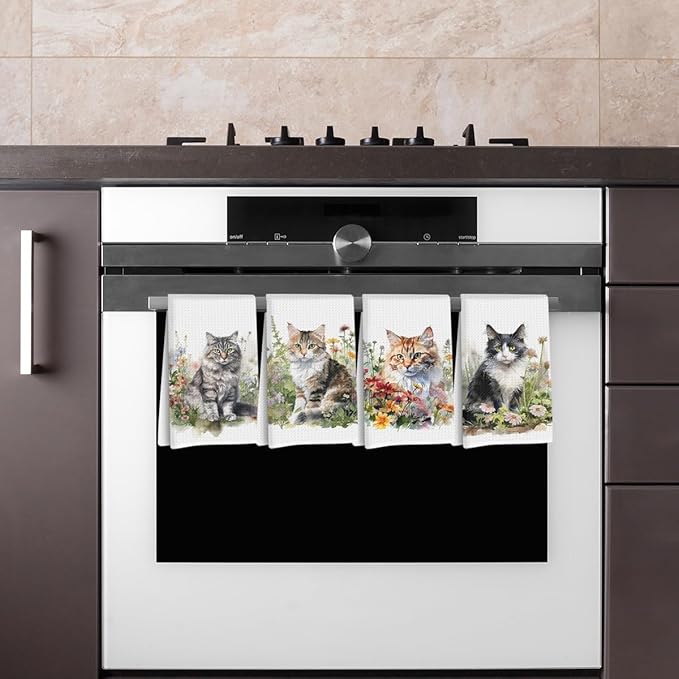 4 Pcs Watercolor Cat Kitchen Towels, Pastoral Flower Decorative Absorbent Microfiber Dish Cloth Tea Towel,cats Waffle Soft Hand Towels for Farmhouse Home Bathroom Kitchen Decor, Cat Lover Gifts