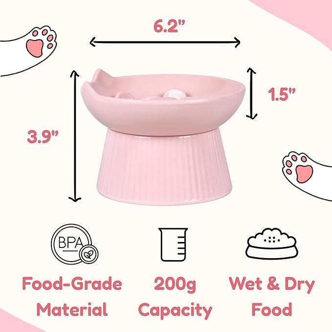 Unbreakable Raised Slow Feeder Bowl for Cats and Small Dogs, Elevated Cat Bowls, Detachable Slow Feede Bowl, Heavy Weighted, Non-Slip Feeder, Dry & Wet Food, Whisker Friendly (Pink; 6.2'')
