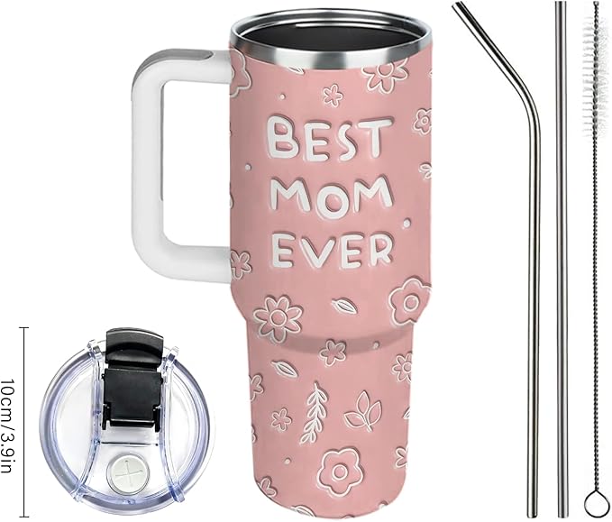 40oz Best Mom Tumbler with Handle and Straw, Leak-proof Insulated Travel Coffee Mug, Best Mom Ever Gifts for Women, Christmas Birthday Mothers Day Present from Daughter Son