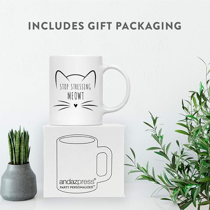 Andaz Press Funny Cat Lover 11oz. Ceramic Coffee Tea Mug, Stop Stressing Me Meowt, 1-Pack, for Cat Mom, Birthday Christmas Ideas, Includes Box